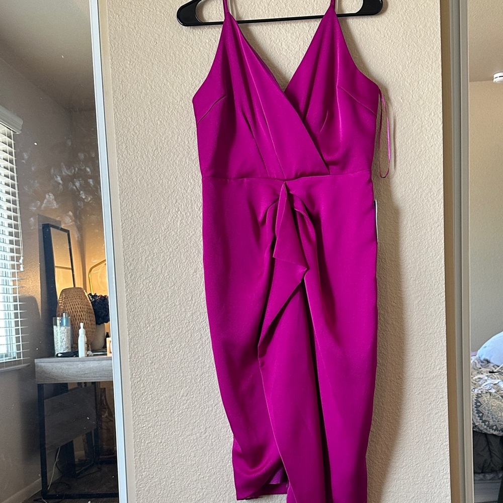 Magenta Wrap-Front Midi Dress with Tie Waist